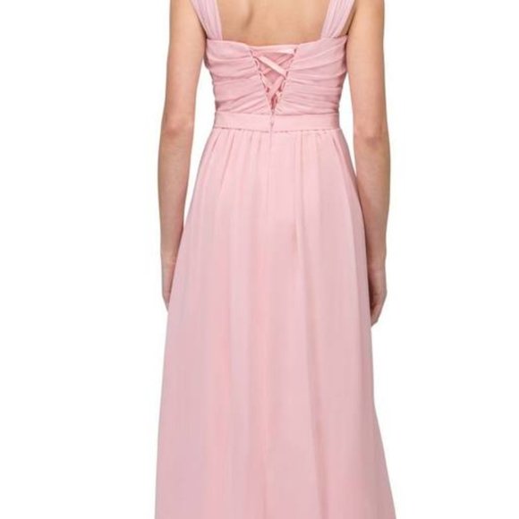 Champagne Long Chiffon Dress Lace Up Back - Picture 2 of 4
